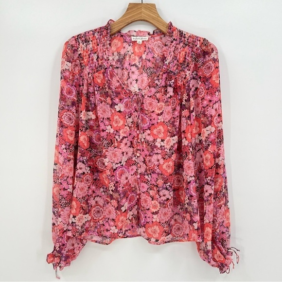 For Love & Lemons Grace Blouse Sheer Floral Long Sleeve Top in Carnation XS - Picture 4 of 12